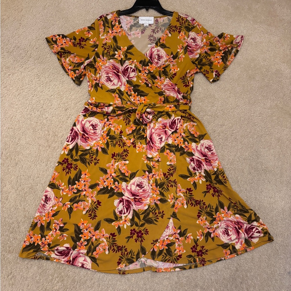EUC Donna Morgan Floral Midi Wrap Dress | Mustard Yellow | Women’s 14 / XL